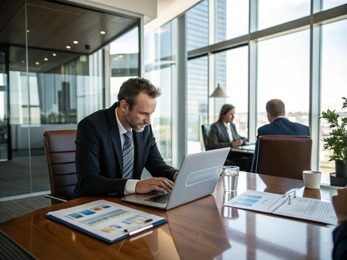 A CFO is reviewing financial statements and providing strategic financial advice to a startup founder. The image should convey a sense of financial expertise and strategic planning.